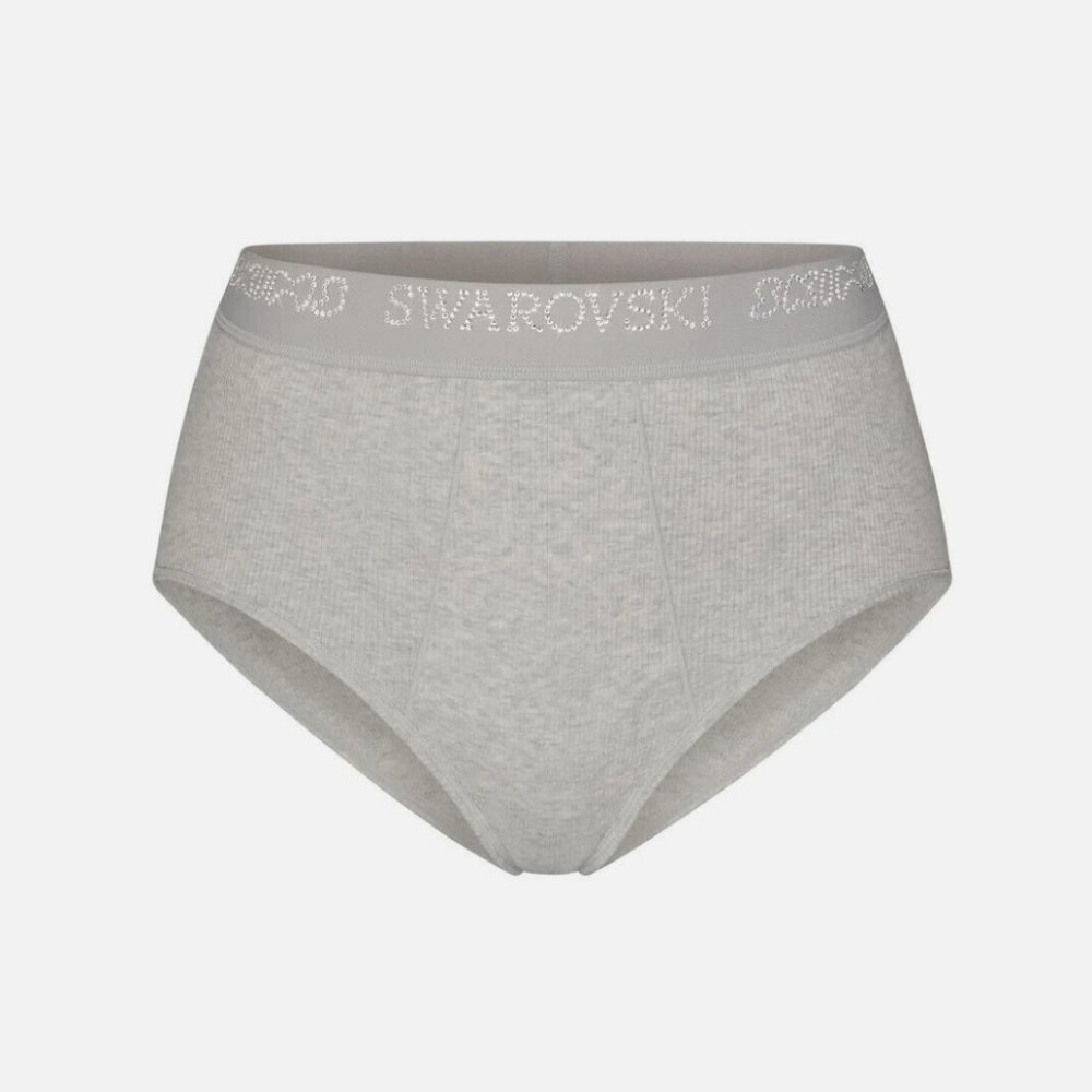SWAROVSKI X SKIMS Ribbed High-Rise Crystal Logo Briefs Light Heather Grey